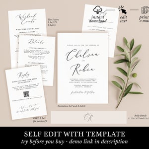 romantic pocket wedding invitation kit, minimalist pocket folder template, printable DIY wedding invitation set, QR code RSVP card download image 4