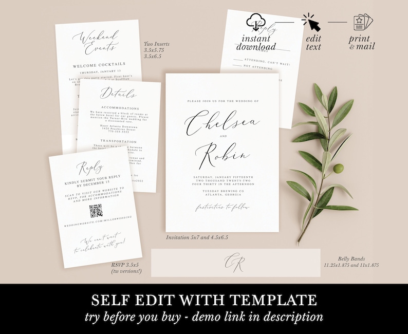 romantic pocket wedding invitation kit, minimalist pocket folder template, printable DIY wedding invitation set, QR code RSVP card download image 4