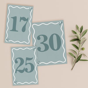 Printable Wavy Table Numbers, Retro Dusty Blue Squiggle, Funky Wedding ...