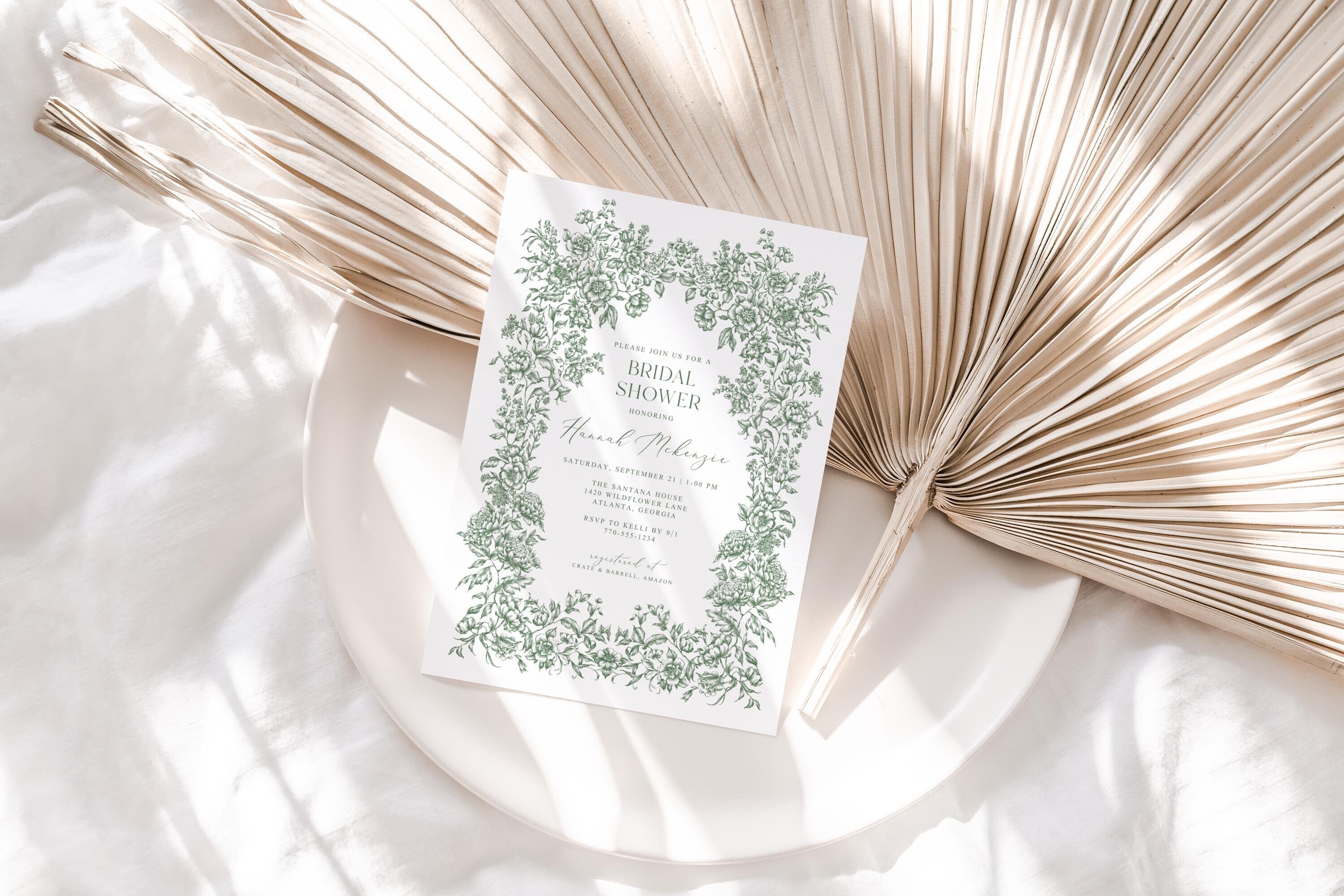 Green Vintage Floral Bridal Shower Invitation, Printable Regency Era Baby Shower Invitation Template, Chinoiserie Wedding Brunch, 25-2