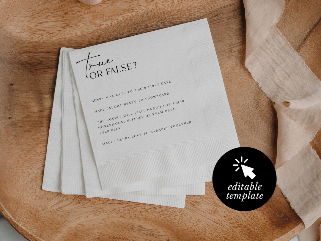 Wedding Trivia Napkin Template, Personalized True or False Cocktail