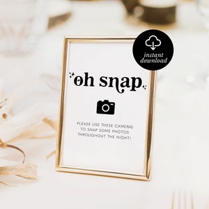 retro oh snap photo sign, disposable camera sign for wedding reception, please take a picture, celestial black and white, pdf, 5x7, 8x10