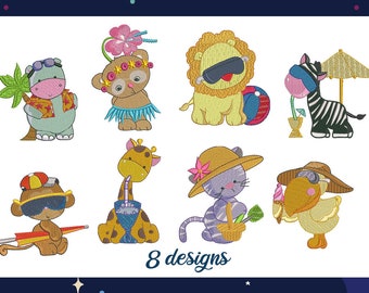 Cute Summer Beach Baby Animals Zoo Friends Lion Giraffe Hippo Zebra kit filled boy girl embroidery designs machine pattern file download