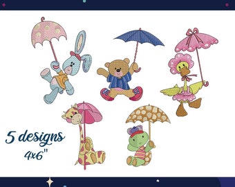Regenschirm Tiere Giraffe Hase Bär Ente süße Baby gefüllt Stickerei Designs Baby Maschine Stickerei Muster Datei sofortiger Download