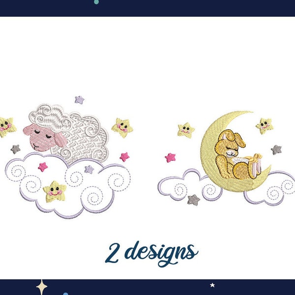 Nuage de lune de rêve mignon de lapin de mouton de sommeil pour des filles de garçons broderie conceptions machine broderie modèle fichier téléchargement instantané