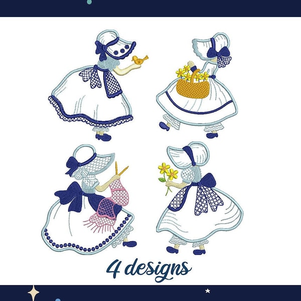 Sunbonnet Little Lady in Blue Applique pour les filles mignon bébé fleurs vintage kit rempli broderie dessins modèle machine