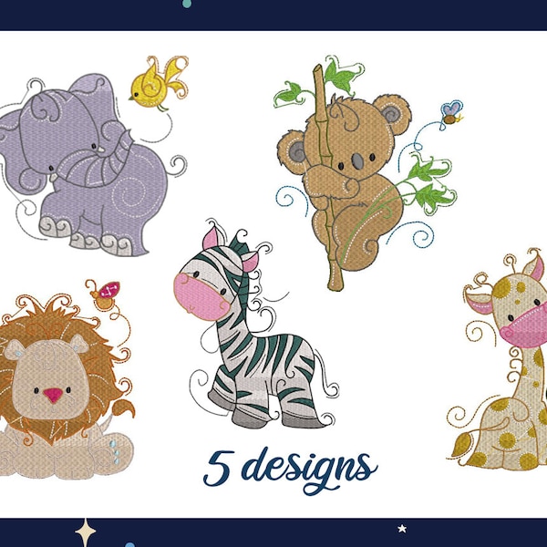 Süße Tiere Zoo Freunde Löwe Giraffe Elefant Zebra Koala Kit gefüllte Stickmotive Maschinenstickmuster Datei sofortiger Download