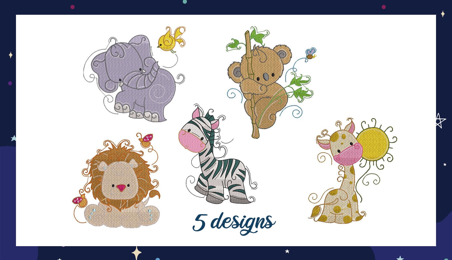 Niedliche Tiere Zoo Friends Löwe Giraffe Elefant Zebra Koala Stickpackung gefüllt Stickmuster Stickdatei Stickdatei sofort download