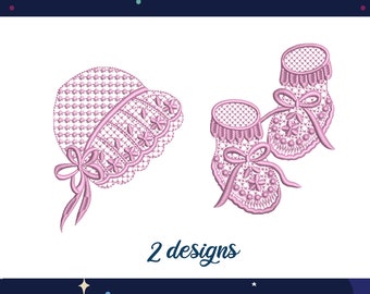 Neugeborenen Baby Mädchen Hut Schuhe Leinen zarte Kit Stickerei Designs Maschine Stickerei Muster Datei sofortigen Download