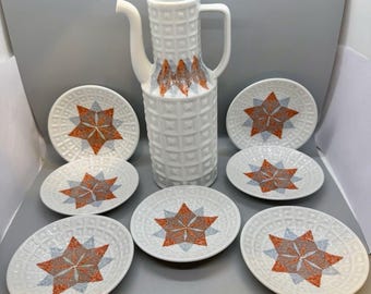 ヴィンテージ カストロ・サルガデロス ガリシア スペイン製 磁器製コーヒーポットと4.5インチプレート7枚セット