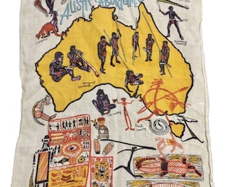 Bellissimo strofinaccio australiano in lino vintage, mai usato, con grafica aborigena Citer Australia