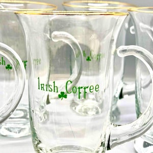 Five Vintage Irish Coffee Mugs Handblown Glass Whiskey Shamrock Gold Rim