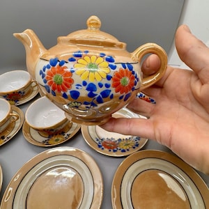 Vintage MCM Japan Orange Floral Lusterware Iridescent 17 Piece Porcelain Tea Set