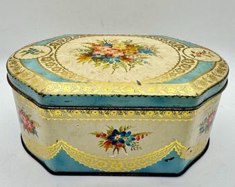 Vintage Peek Frean & Co blauw/crème/goudkleurig scharnierend koekjesblik met bloemen, Londen, Engeland