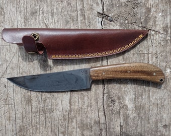 Hollow Ground Carbon Steel and Walnut Hunting Knife with Leather Sheath.