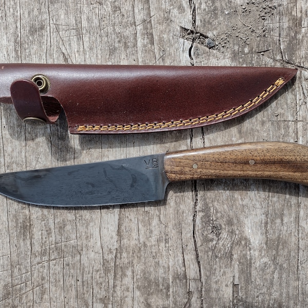 Hollow Ground Carbon Steel and Walnut Hunting Knife with Leather Sheath.