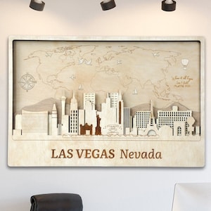 Las Vegas Wand Kunst Dekor Holz Wand Kunst Las Vegas Skyline Welt Karte Art Housewarming personalisierte Geschenk Home Office Dekor Moderne Holz Wand Kunst