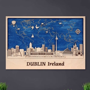 Dekoracja ścienna Dublin Sztuka ścienna w Irlandii Wspomnienie podróży Sztuka drewniana Miasto z mapą świata 3D Drewniana dekoracja miejska Sztuka ścienna Dublin Dekoracja