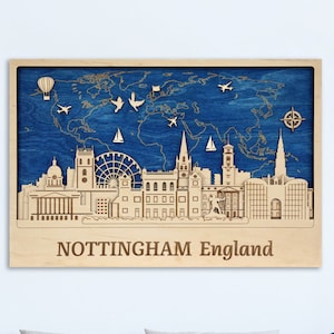 3D Nottingham Skyline City Silhouette z personalizowaną mapą świata 3D Wood City Decor Nottingham Wall Art England Artwork Housematch Gift