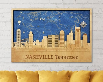 Nashville Wood Wall Art Home Decor City Skyline with Personalization For Gift Wooden Artwork Decoration for Living Room, Bedroom, Office