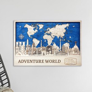 Décoration murale artistique découpée au laser, sculpture sur bois, carte du monde, épingle, décoration de voyage, art mural en bois, cadeau 5e anniversaire, carte en bois et monuments du monde