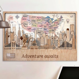 Holz USA Map Amerikanische Landkarte Holzdruck Wanddeko Push Pin Reise Landkarte 3D USA Map 3D Wandkunst Holzwandkunst Jahrestagsgeschenk Modernes Dekor