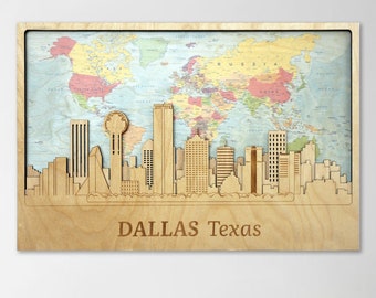Dallas Hometown Sign Wall Art 3D City Skyline Wall Decor Wood World Map Personalized Gifts Texas Home Decor 3D Dallas Cityscape Wooden Art