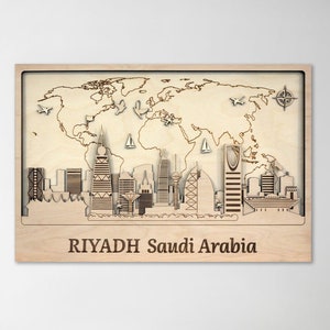 Arte de pared de madera con silueta de ciudad de Riad, Arabia Saudita, regalo turístico, arte de pared de madera 3D, regalo de inauguración de la casa, listo para colgar, arte DIY