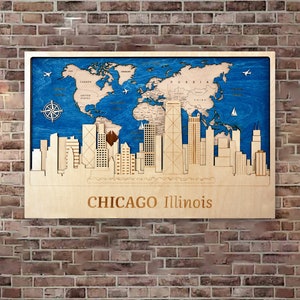 Chicago Home Decor Chicago Wall Art City Skyline Travel Decor Illinois Art Wood Decor World Map Art Travel Wall Art 3D Skyline Wall Art