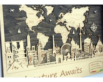 World Wall Map Wooden Wall Decor To Mark Travels Personalized Gift Custom Wall Art Business Gift Wooden Artwork Skyline Push Pin Map Art