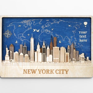 Sztuka ścienna New York Wood Niestandardowy prezent ślubny Dekoracja ścienna do domu Dekoracja biurowa Prezent na parapetówkę Sztuka mapy świata 3D Panorama Nowego Jorku