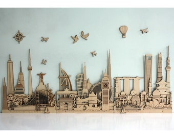 World Landmarks Skyline Travel Wall Decor Exclusive Gift 3D Cityscape Wooden Art Home Decor Travel Agency Office Cafe House Wood Wall Art
