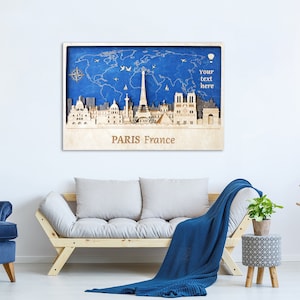 Parijs skyline kunst 3D houten silhouet minnaar cadeau wanddecoratie kunst aan de muur thuis Gepersonaliseerd cadeau voor verloofde Creatief reiscadeau Aangepaste tekst