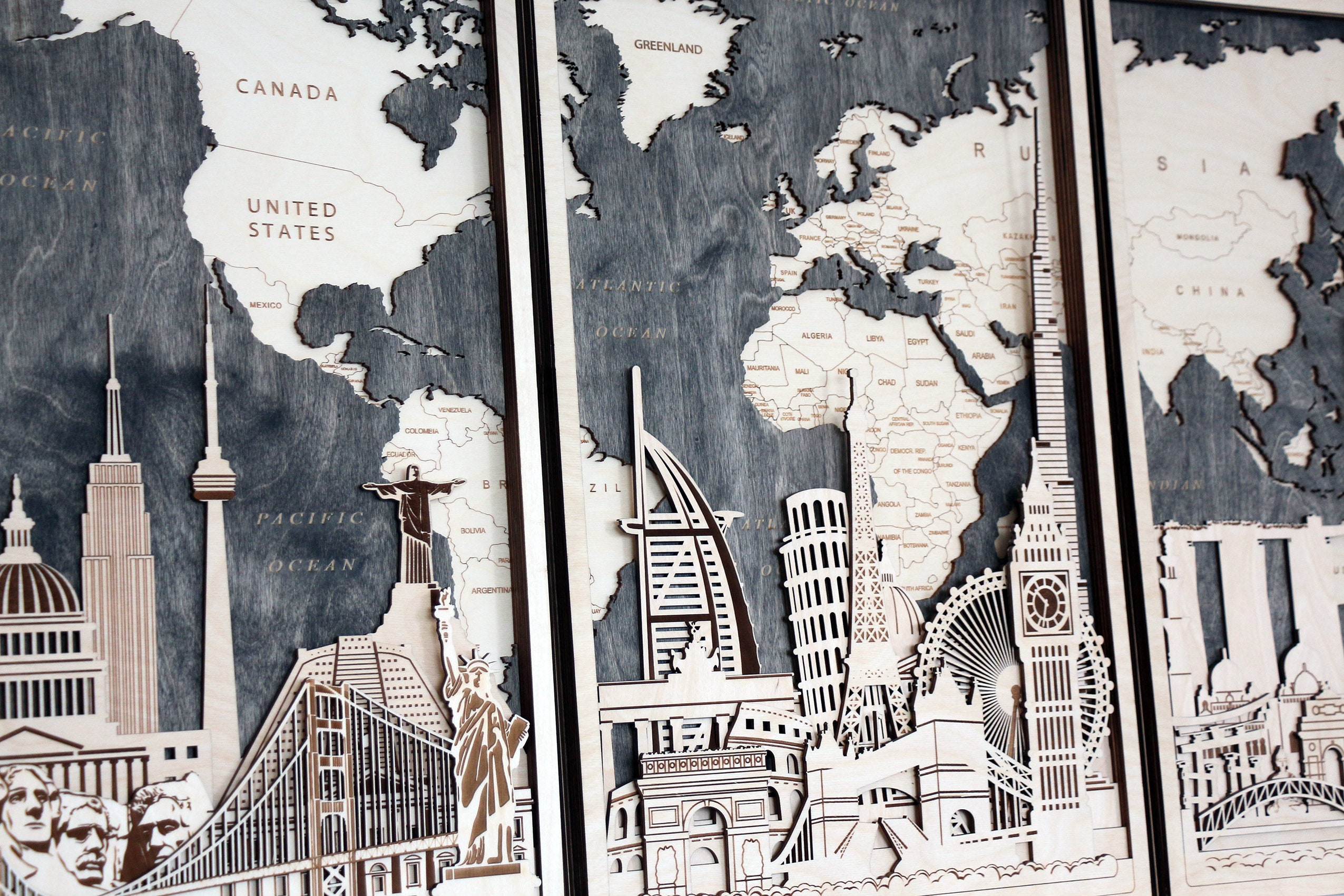 Wall Decor Wood Wall Art World Travel Map New Home Decor Push Etsy