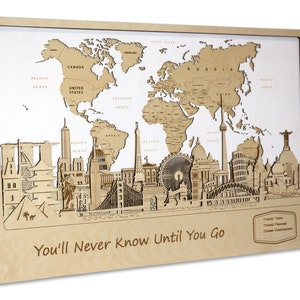 Mapa del mundo Marcar ubicaciones Regalos de viaje Imagen de pared de madera Mapa del mundo Arte de la pared de madera Decoración de la pared de madera Recién casados Regalo de bienvenida Decoración del hogar