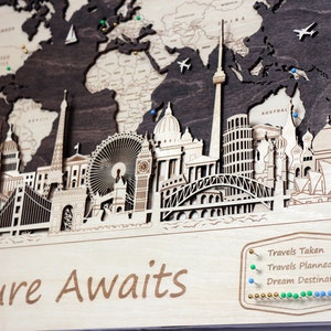 3D wereldkaart push pin reiskaart houten interieur kaart met monumenten stad poster verjaardagscadeau kaart muur decor grote wereldkaart aangepaste muurkunst