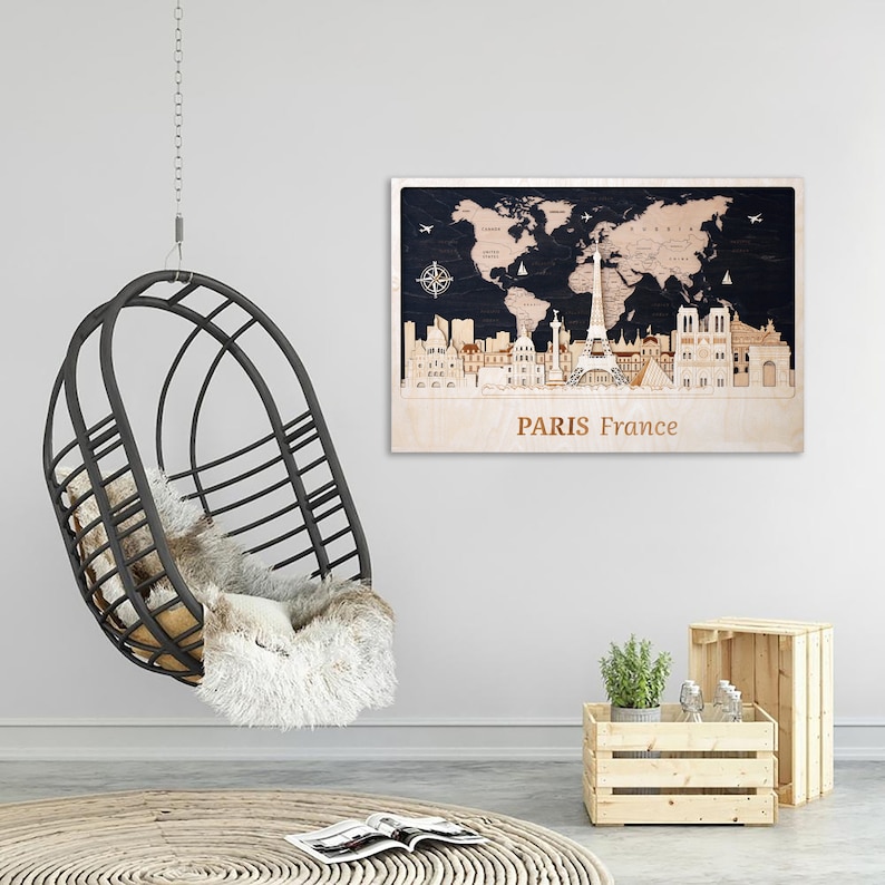 Paris Wall Art	3D Wooden Poster	3D World Map	Travel Gift	Home Decor	Housewarming Gift	Hometown Art	Dating Gift	Anniversary Gift	Paris Wood Decor	Wood Wall Map	Push Pin World Map	Memorable Gift