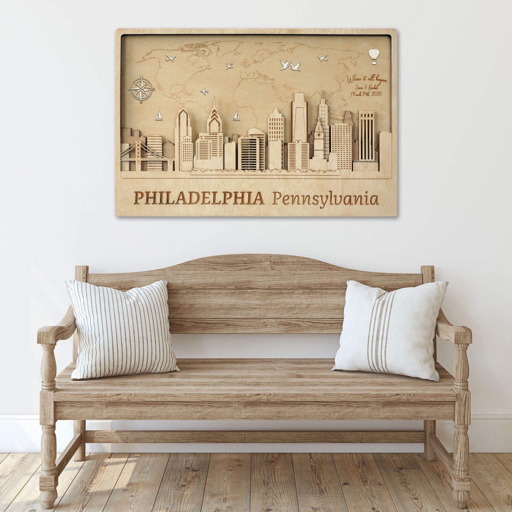 Philadelphia Skyline Art 3D Wood Decor with Push Pin Wall Map Personalized art Home Office Decor 3D City Wood Art Travel Gift