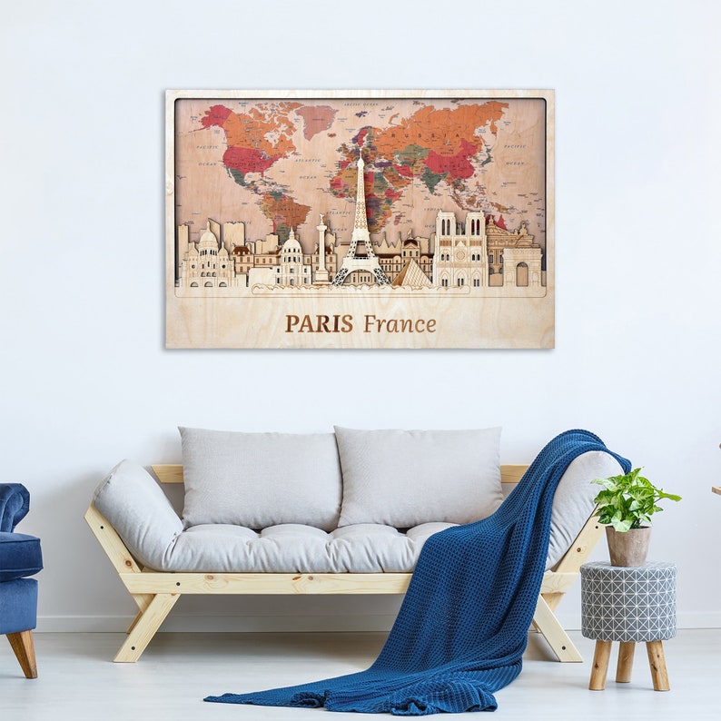 Paris Wall Art Wooden Poster World Map Travel Gift Home Decor Housewarming Gift Hometown Art Dating Anniversary Gift Paris Wood Wall Decor image 5