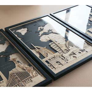 Set di 3 opere d'arte da parete di grandi dimensioni Mappa del mondo in legno Nuovo arredamento per la casa Regalo esclusivo per l'inaugurazione della casa Arredamento da parete nero Arredamento da viaggio per soggiorno, ufficio