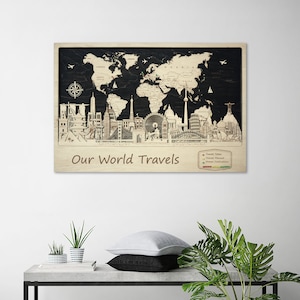 Woondecoratie | Push Pin 3D Houten Wereldkaart | Uitvoerende kunst aan de muur | Kaart naar Mark Travels | Prikbordkaart | Op maat gemaakt cadeau | Aandenken geschenken