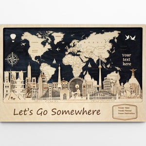Art mural, carte du monde avec bâtiments emblématiques, décoration murale personnalisée, cadeau de fiancé, avec texte personnalisé, carte du monde avec punaises, décoration murale en bois