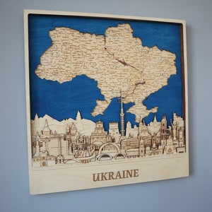 Mapa de Ucrania, decoración de pared, arte de pared de madera, monumentos de Ucrania, decoración de horizonte, regalo étnico de Ucrania, decoración de pared, recuerdo ucraniano, arte de pared