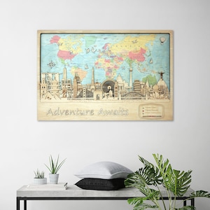 Dekorative Holzdenkmäler und Weltkarte mit Ländernamen auf Holz gedruckt Einweihungsparty Jahrestag Geschenk Wohnkultur Wanddekor Holzwandkunst