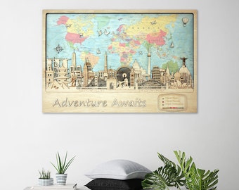 Famous wooden monuments and World map with country names printed on wood Housewarming anniversary gift Home decor Wall decor Wood wall art