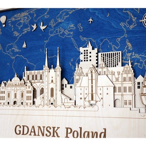 Gdańska Drewniana Dekoracja Ścienna Podróż Drewniana Mapa Drewniana Sztuka Ścienna Spersonalizowana Sztuka Ścienna na Prezent Prezent Podróżny Pomysł Na Prezent Na Każdą Okazję Prezent Rocznicowy