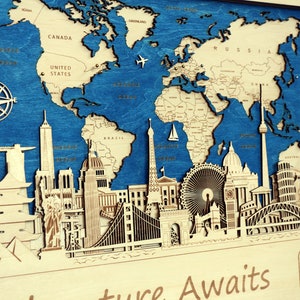 Decoración del hogar Arte de la pared de madera Regalo de aniversario personalizado Mapa del mundo de madera Decoración de la pared Push Pin Mapa del mundo para marcar viajes Regalos personalizados