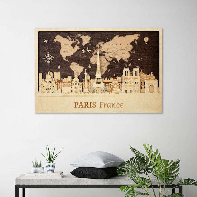 Paris Wall Art Wooden Poster World Map Travel Gift Home Decor Housewarming Gift Hometown Art Dating Anniversary Gift Paris Wood Wall Decor image 4