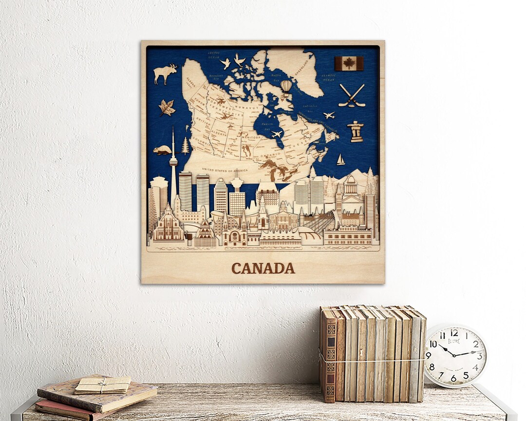 Canada Map Home Decor Canada Skyline Landmarks Wood Wall Art Canada
