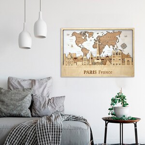 Paris Wall Art Wooden Poster World Map Travel Gift Home Decor Housewarming Gift Hometown Art Dating Anniversary Gift Paris Wood Wall Decor image 3